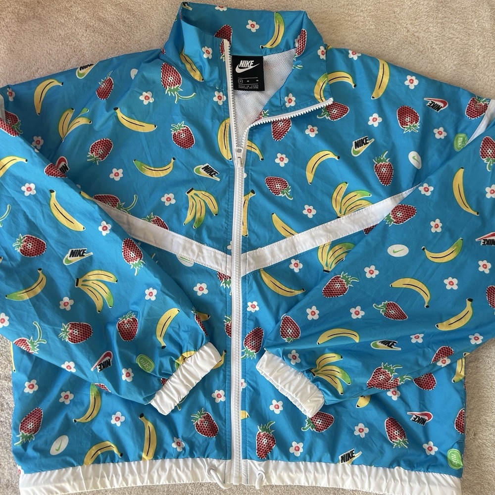 Nike Blue Fruit Strawberry Banana Windbreaker Jacket Women Med NWOT‎ CJ3719-487